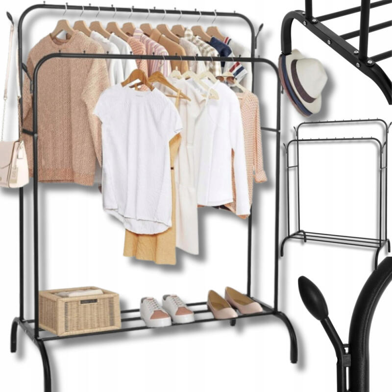 WIESZAK STOJĄCY NA UBRANIA PODŁOGOWY METALOWY CZARNY DUŻY PODWÓJNY LOFT