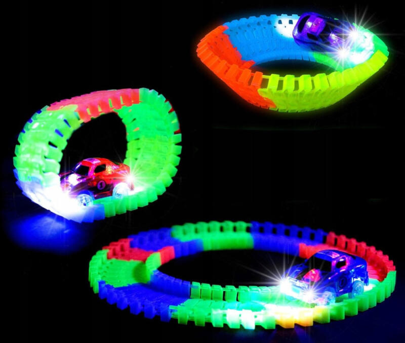 TOR WYŚCIGOWY SAMOCHODOWY FLUORESCENCYJNY ŚWIECĄCY AUTKO LED ZESTAW MAGIC