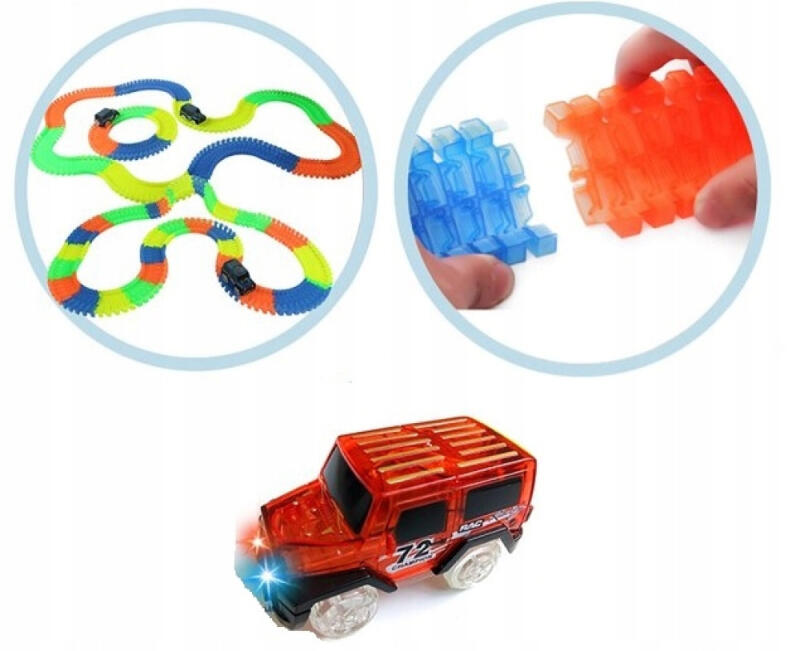 TOR WYŚCIGOWY SAMOCHODOWY FLUORESCENCYJNY ŚWIECĄCY AUTKO LED ZESTAW MAGIC