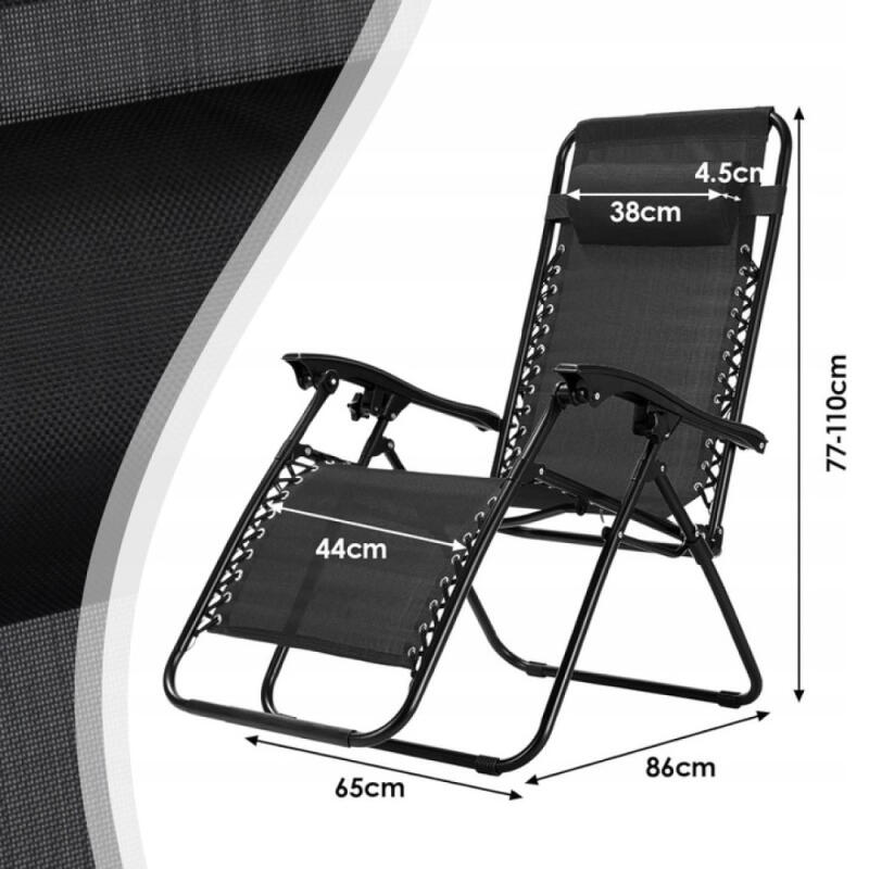 LEŻAK OGRODOWY PLAŻOWY GRAWITACYJNY KRZESŁO FOTEL SKŁADANY Z PODUSZKĄ CZARN