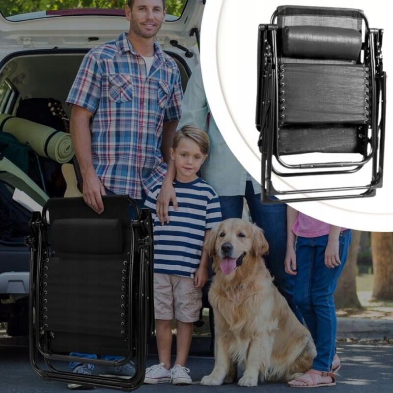 LEŻAK OGRODOWY PLAŻOWY GRAWITACYJNY KRZESŁO FOTEL SKŁADANY Z PODUSZKĄ CZARN