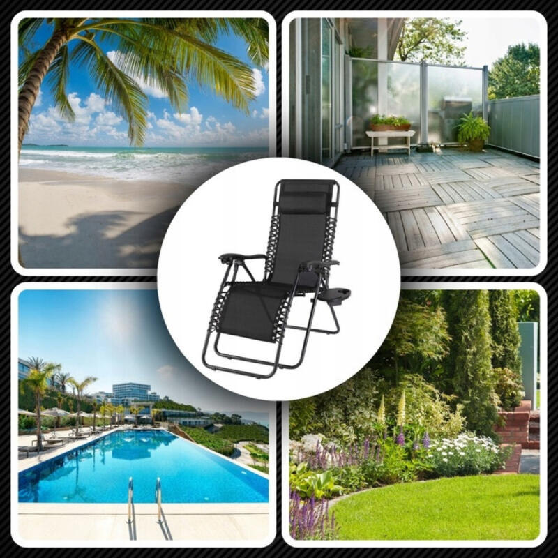 LEŻAK OGRODOWY PLAŻOWY GRAWITACYJNY KRZESŁO FOTEL SKŁADANY Z PODUSZKĄ CZARN