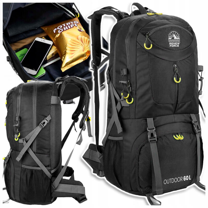 PLECAK TURYSTYCZNY TREKKINGOWY GÓRSKI W GÓRY BIWAK 60L MĘSKI DAMSKI CZARNY