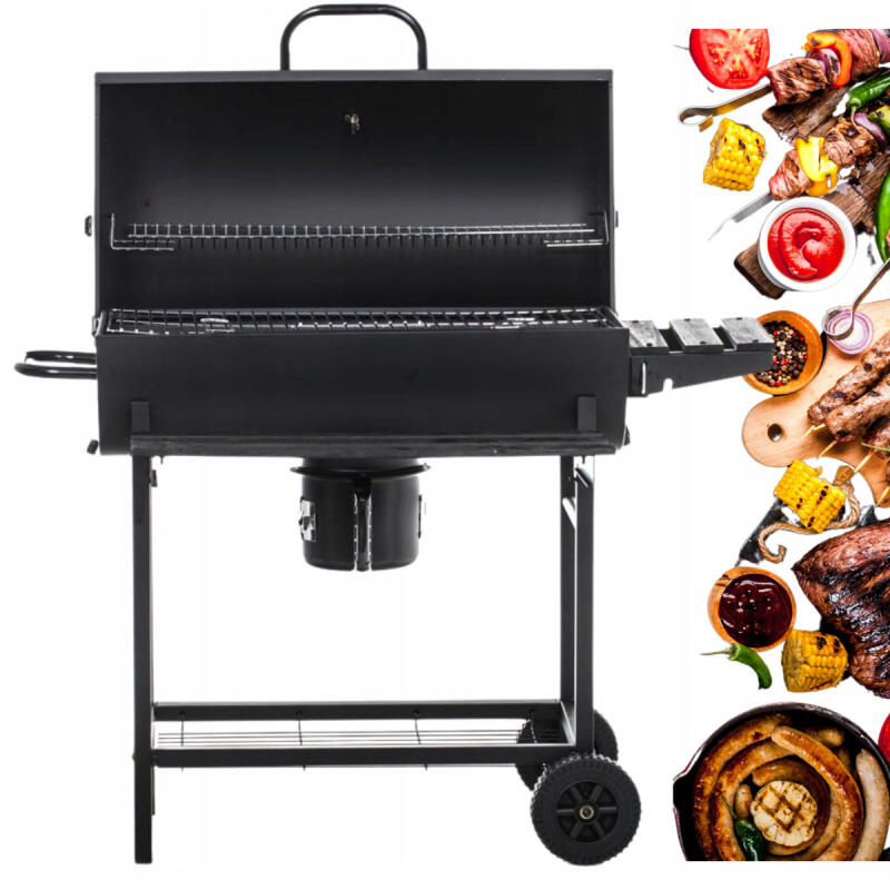 Grill Węglowy Ogrodowy Z Pokrywą Duży Na Kółkach 2 Ruszty Termometr Półki