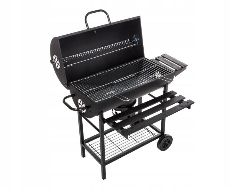 Grill Węglowy Ogrodowy Z Pokrywą Duży Na Kółkach 2 Ruszty Termometr Półki