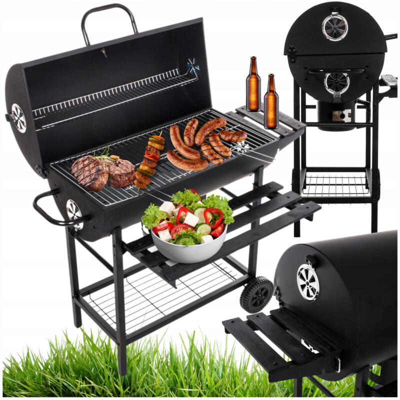 Grill Węglowy Ogrodowy Z Pokrywą Duży Na Kółkach 2 Ruszty Termometr Półki