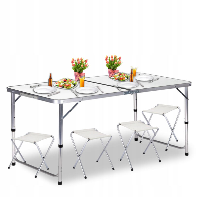 Stół Rozkładany z Krzesłami x4 Biały Ogrodowy Bankietowy Turystyczny 120cm