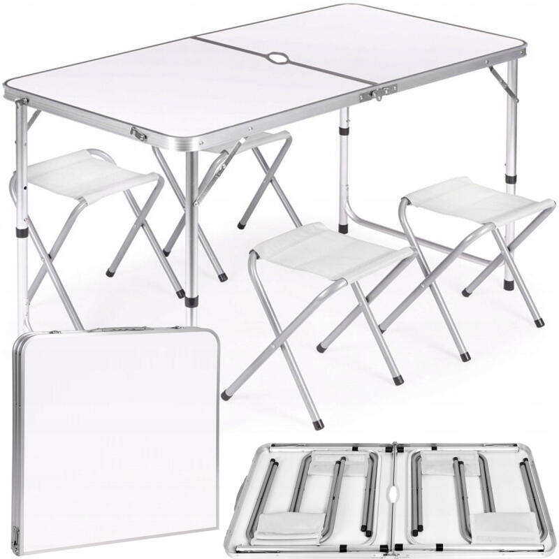 Stół Rozkładany z Krzesłami x4 Biały Ogrodowy Bankietowy Turystyczny 120cm