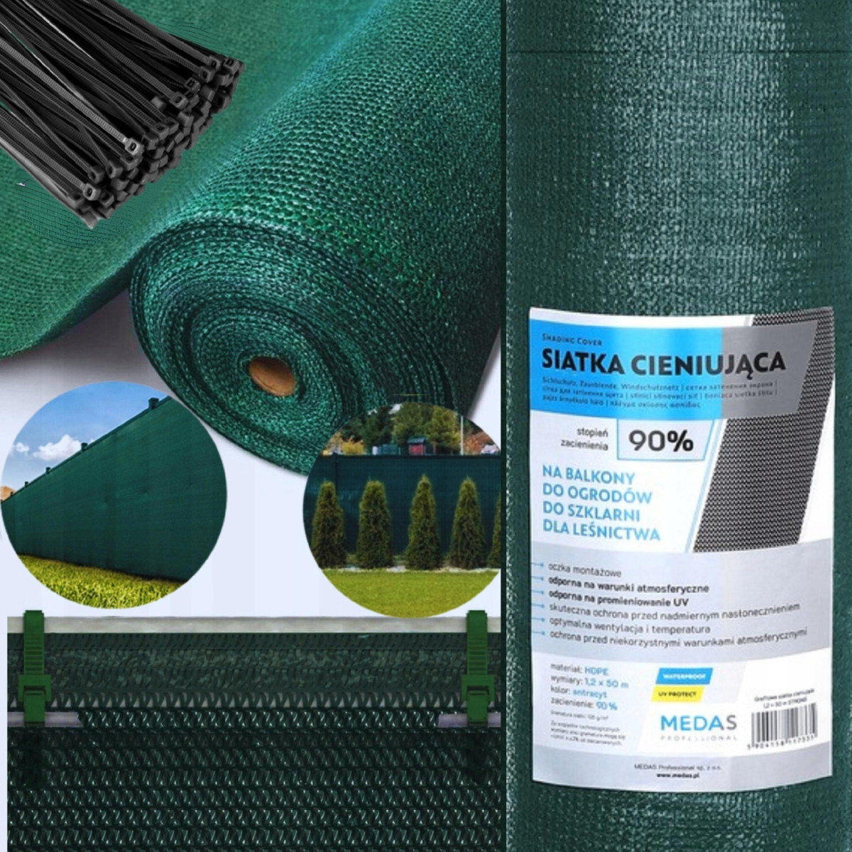 SIATKA CIENIUJĄCA NA OGRODZENIE PŁOT BALKON MASKUJĄCA 1,5x50m 90% UV OPASKI