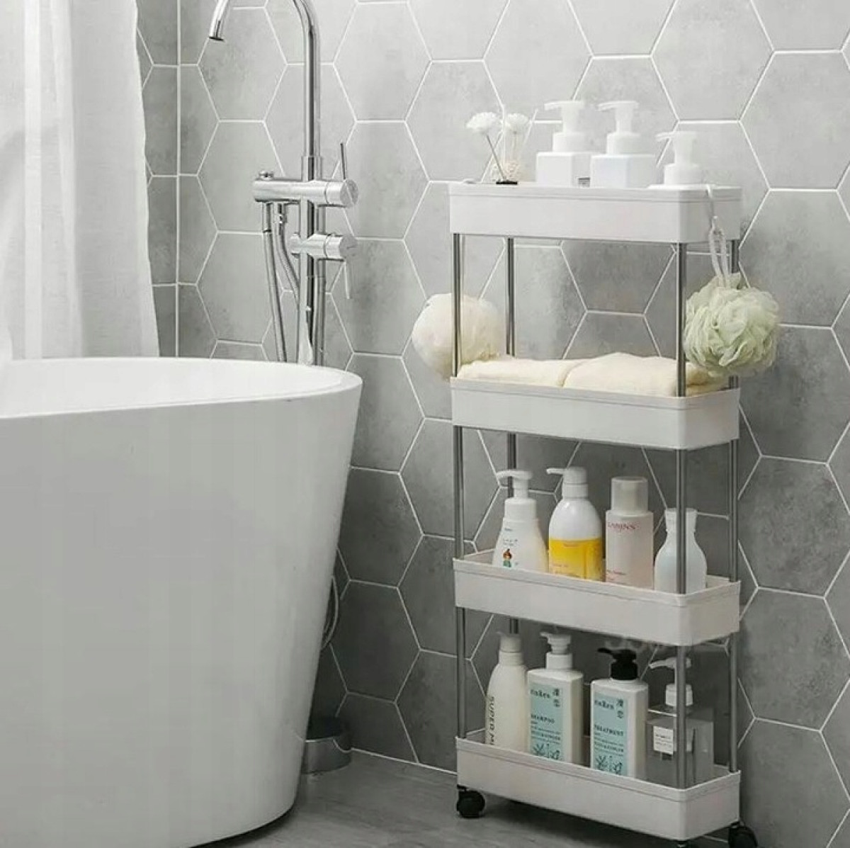 WÓZEK KUCHANNY NA KÓŁKACH PÓŁKA ŁAZIENKOWA MOBILNA SZAFKA REGAŁ BIAŁA