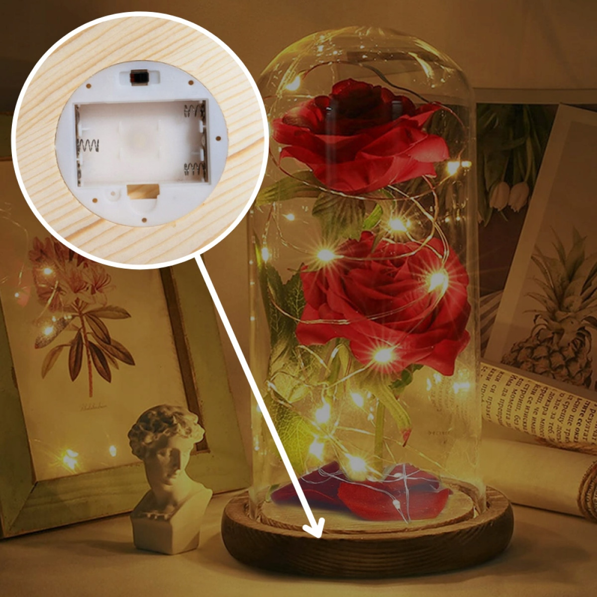 WIECZNA RÓŻA W SZKLE CZERWONA ŚWIECĄCA LED PREZENT PUDEŁKO ŚWIĘTA GWIAZDKA