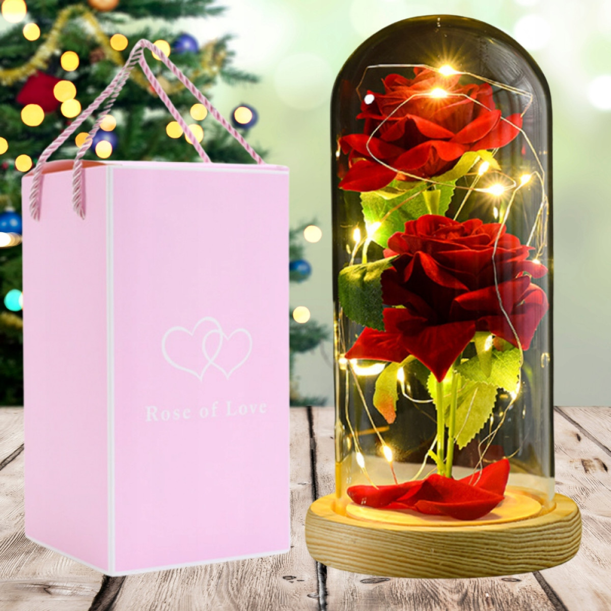WIECZNA RÓŻA W SZKLE CZERWONA ŚWIECĄCA LED PREZENT PUDEŁKO ŚWIĘTA GWIAZDKA
