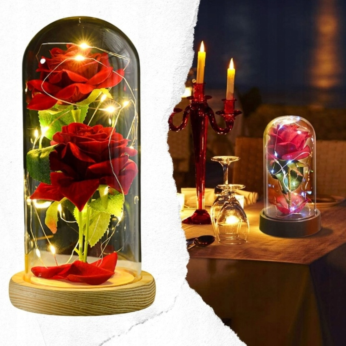 WIECZNA RÓŻA W SZKLE CZERWONA ŚWIECĄCA LED PREZENT PUDEŁKO ŚWIĘTA GWIAZDKA